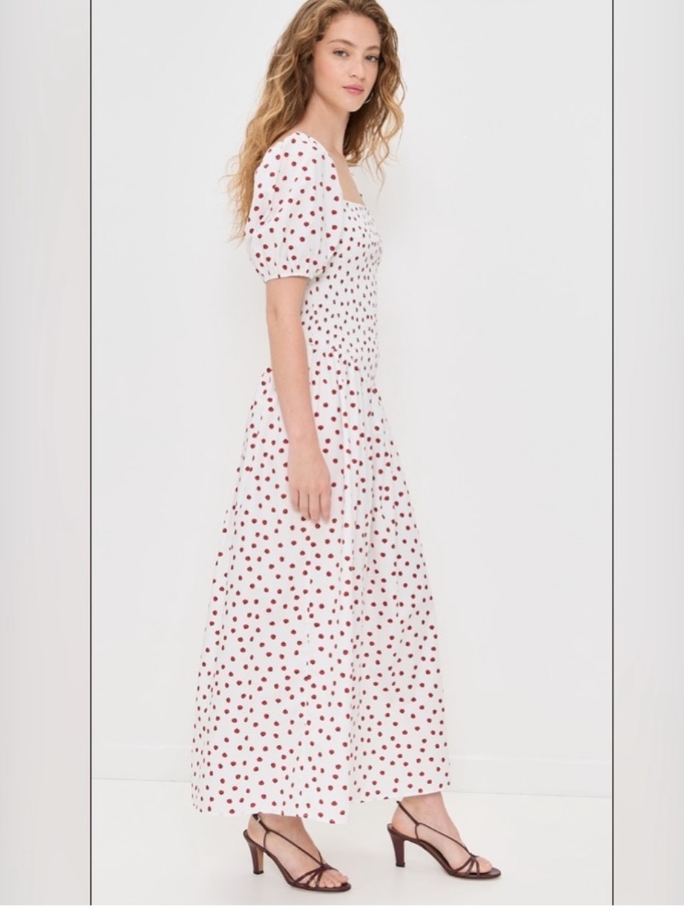White Maxi Dress With Red Polka Dots And Puff Sleeves
